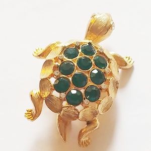 Vintage Rhinestone Turtle Brooch Green Signed LIA
